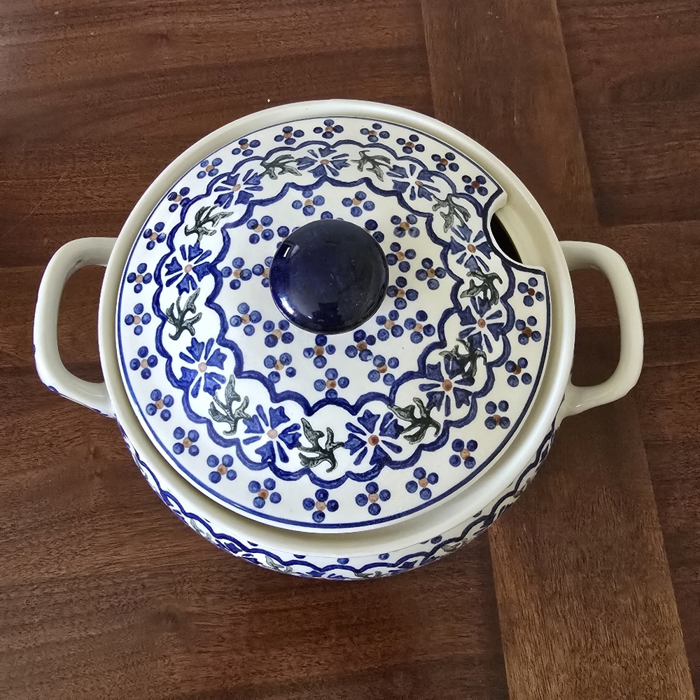 Polish Pottery White Blue Tureen Dotted Daisy Hand Made‎ 2qt - Picture 7 of 10
